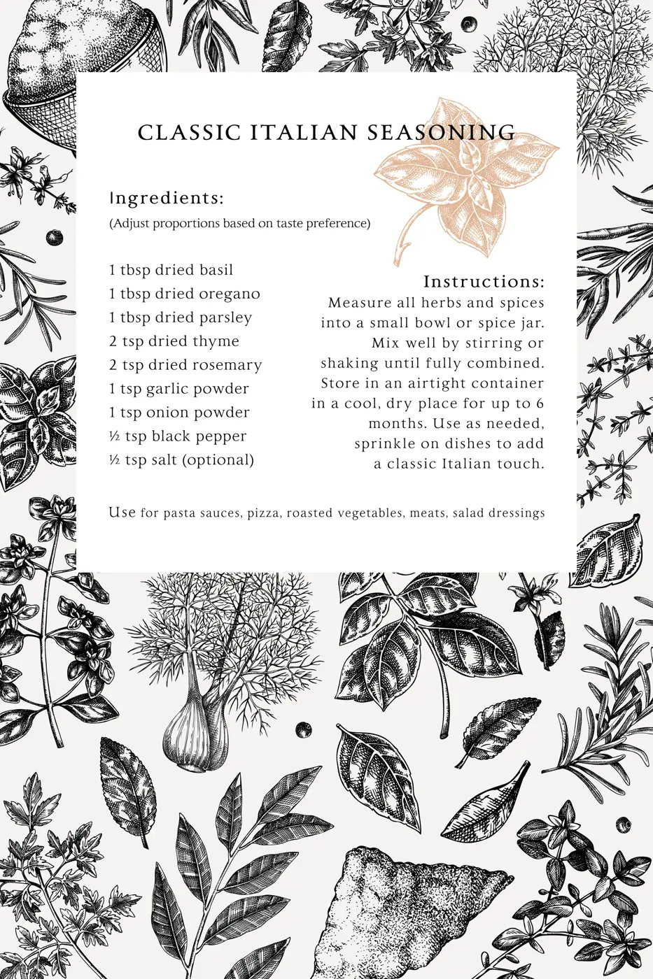 Sketch style recipe card template. Italian spices hand drawn vector illustrations. Food frame design. Vintage herbs background. NOT AI generated Illustration